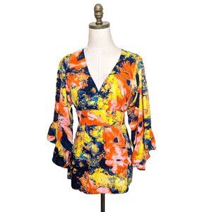 Betsey Johnson Whimsical Flirty Blouse Size XS Orange Abstract Kimono Sleeve